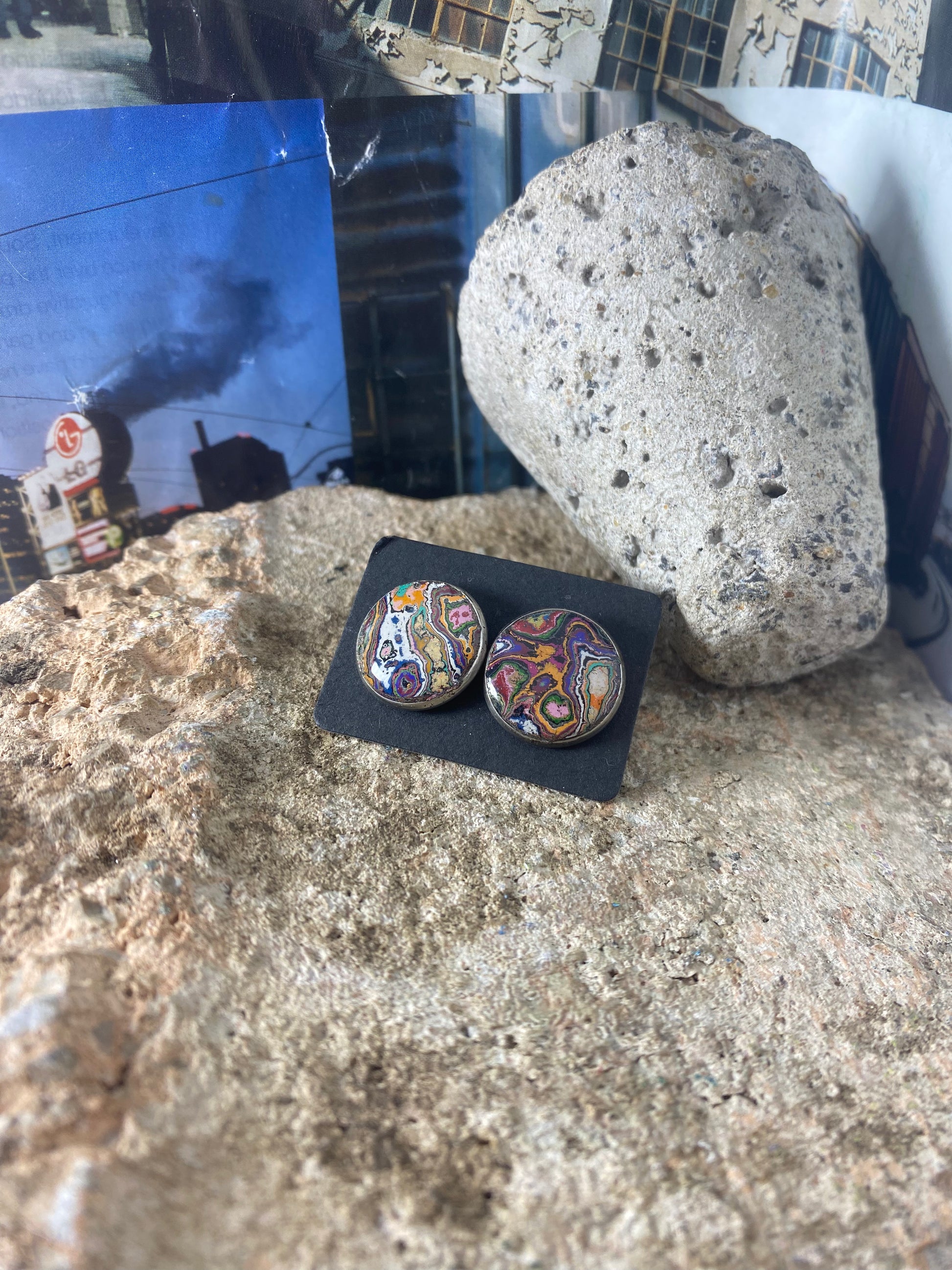 Recycled Graffiti stud earrings