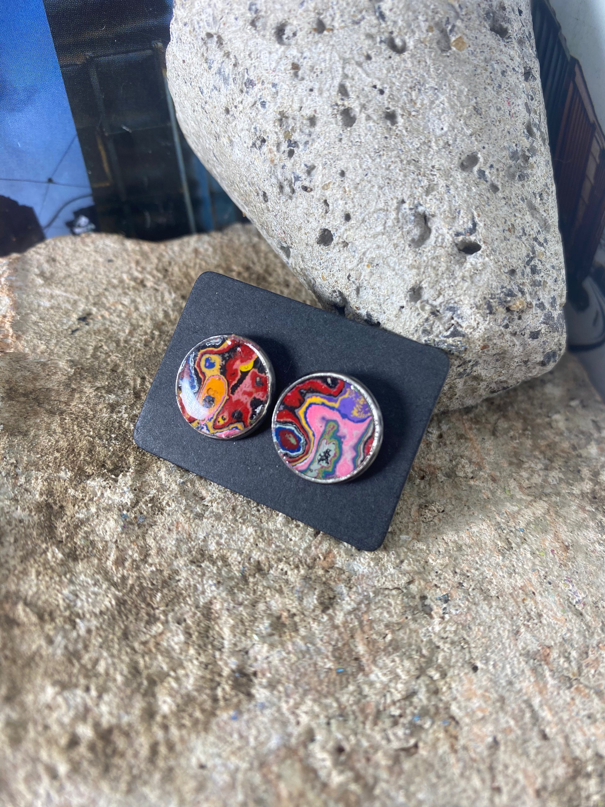 Recycled Graffiti stud earrings