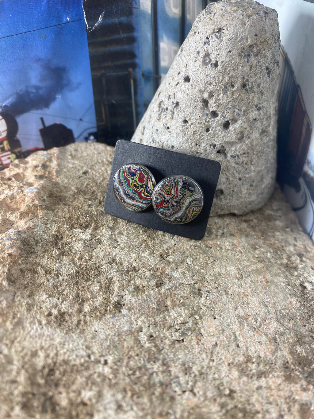 Recycled Graffiti stud earrings