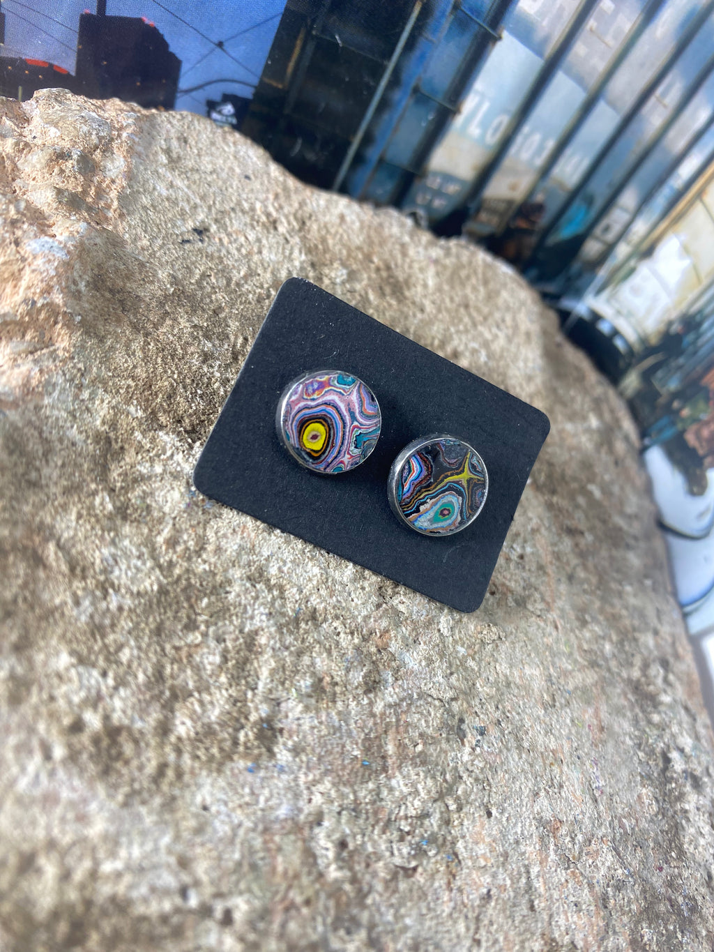 Recycled Graffiti stud earrings