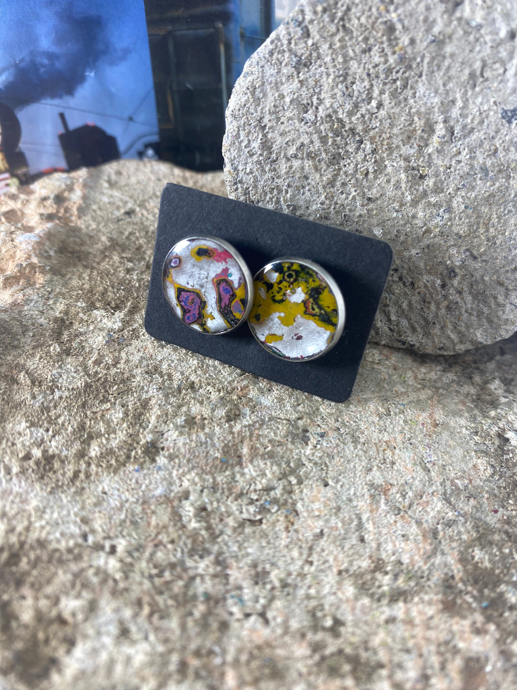 Recycled Graffiti stud earrings