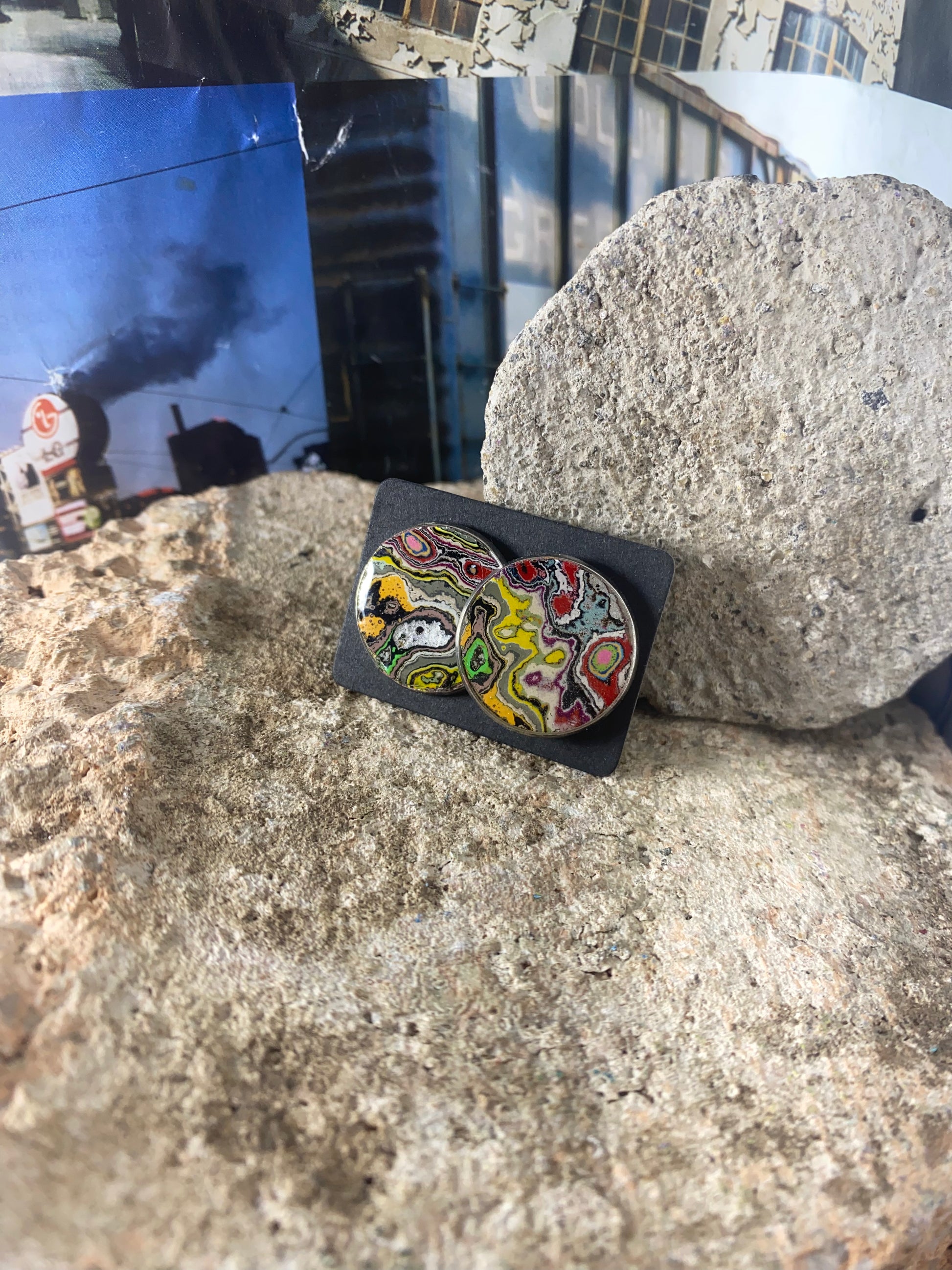 Recycled Graffiti stud earrings