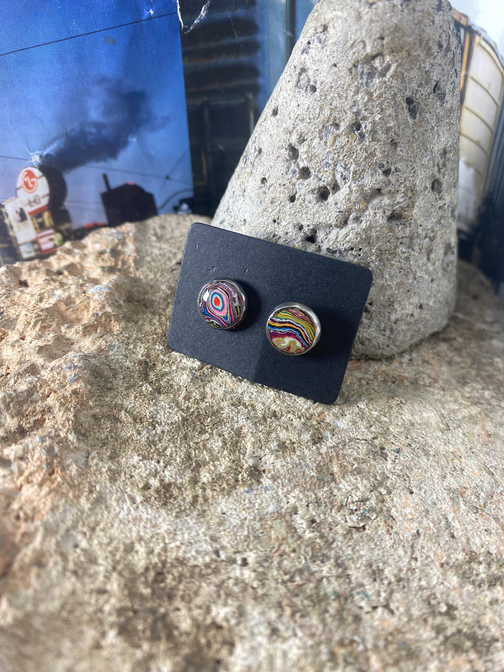 Recycled Graffiti stud earrings