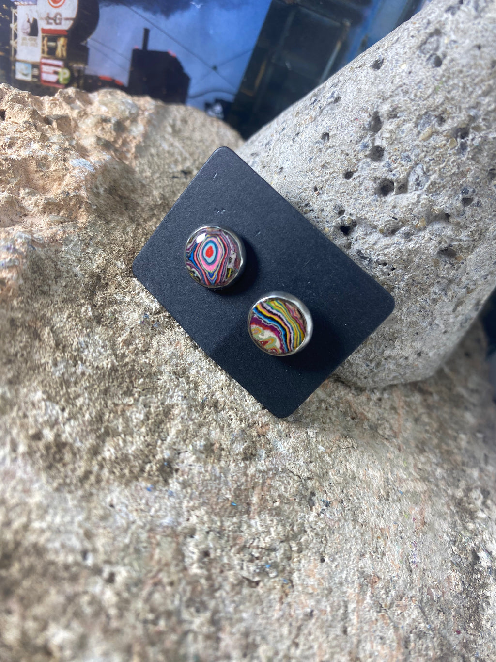 Recycled Graffiti stud earrings