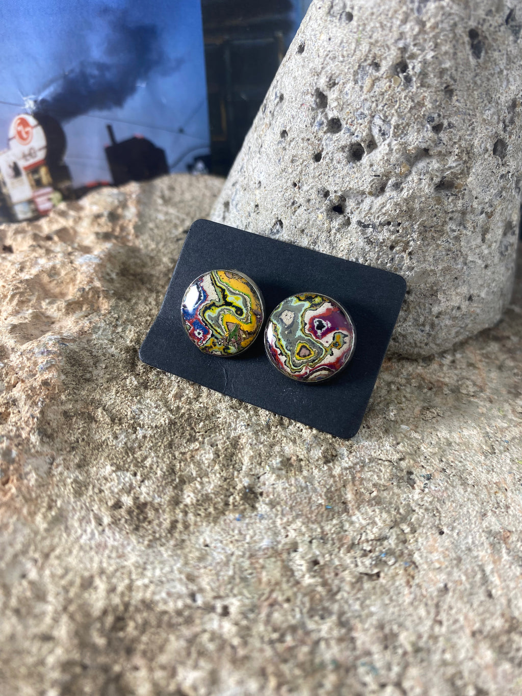 Recycled Graffiti stud earrings