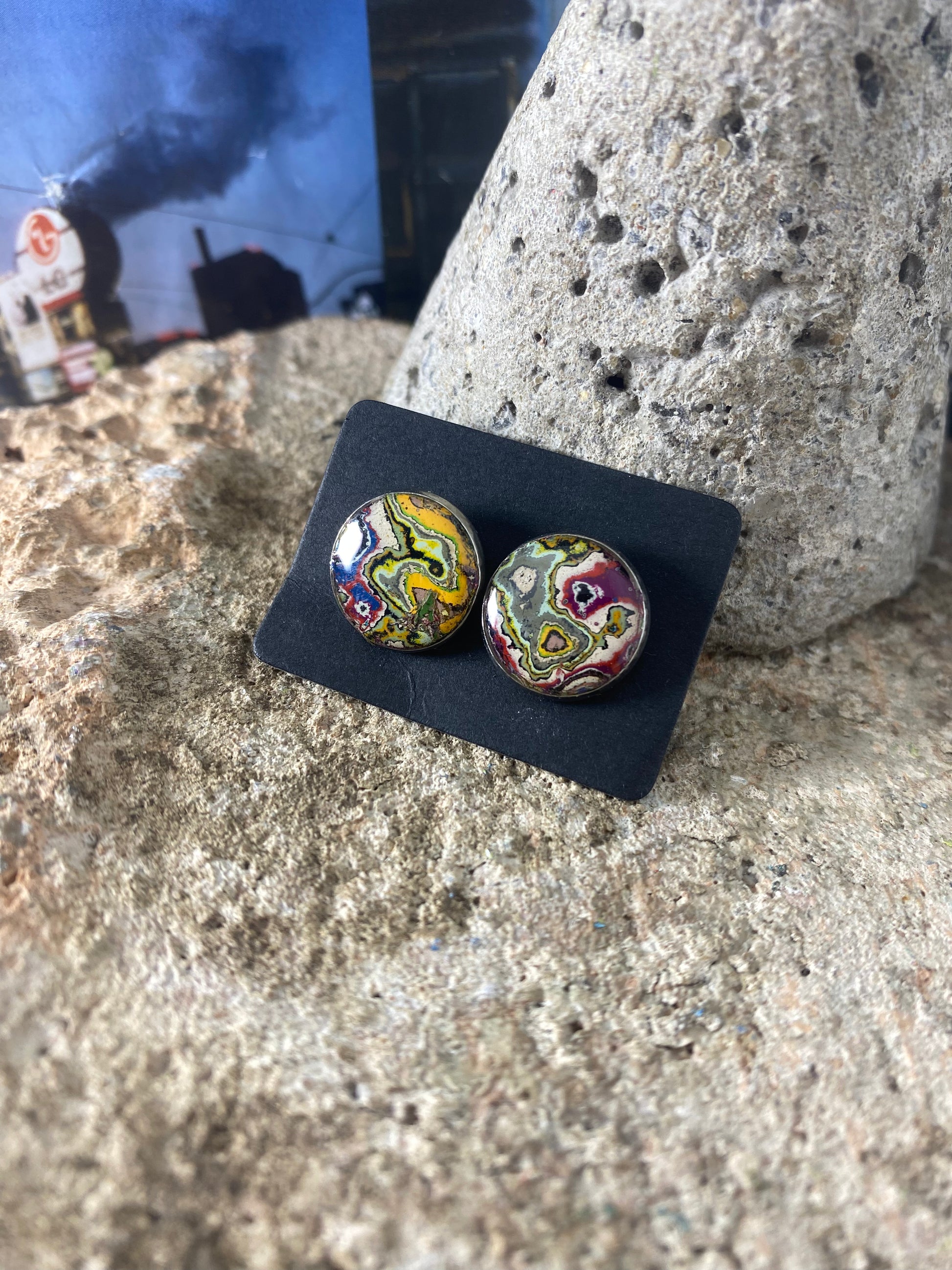 Recycled Graffiti stud earrings