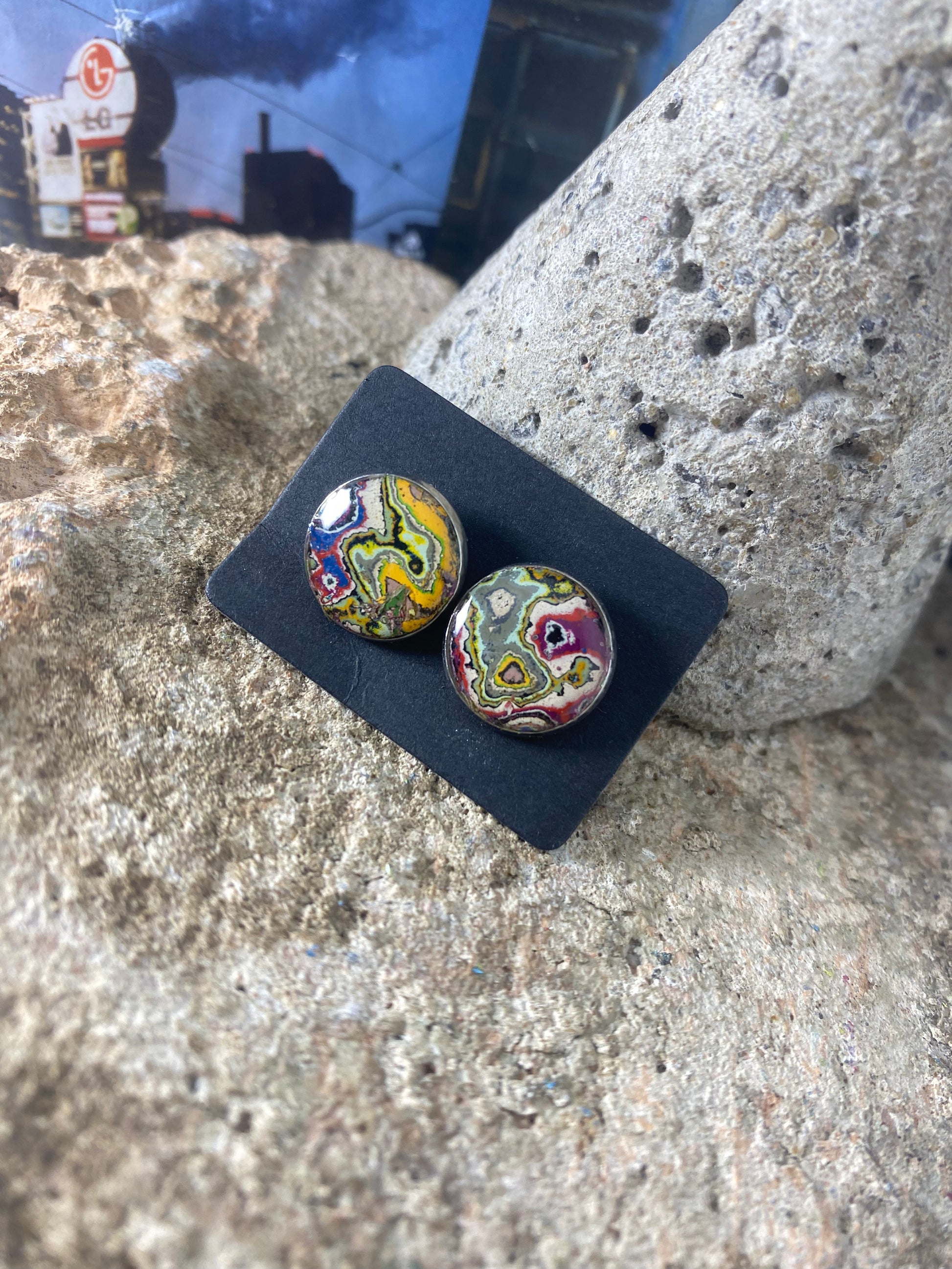 Recycled Graffiti stud earrings