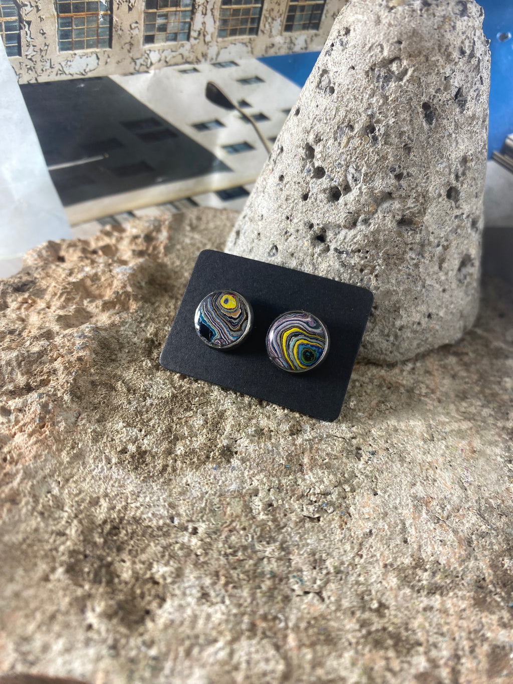 Recycled Graffiti stud earrings