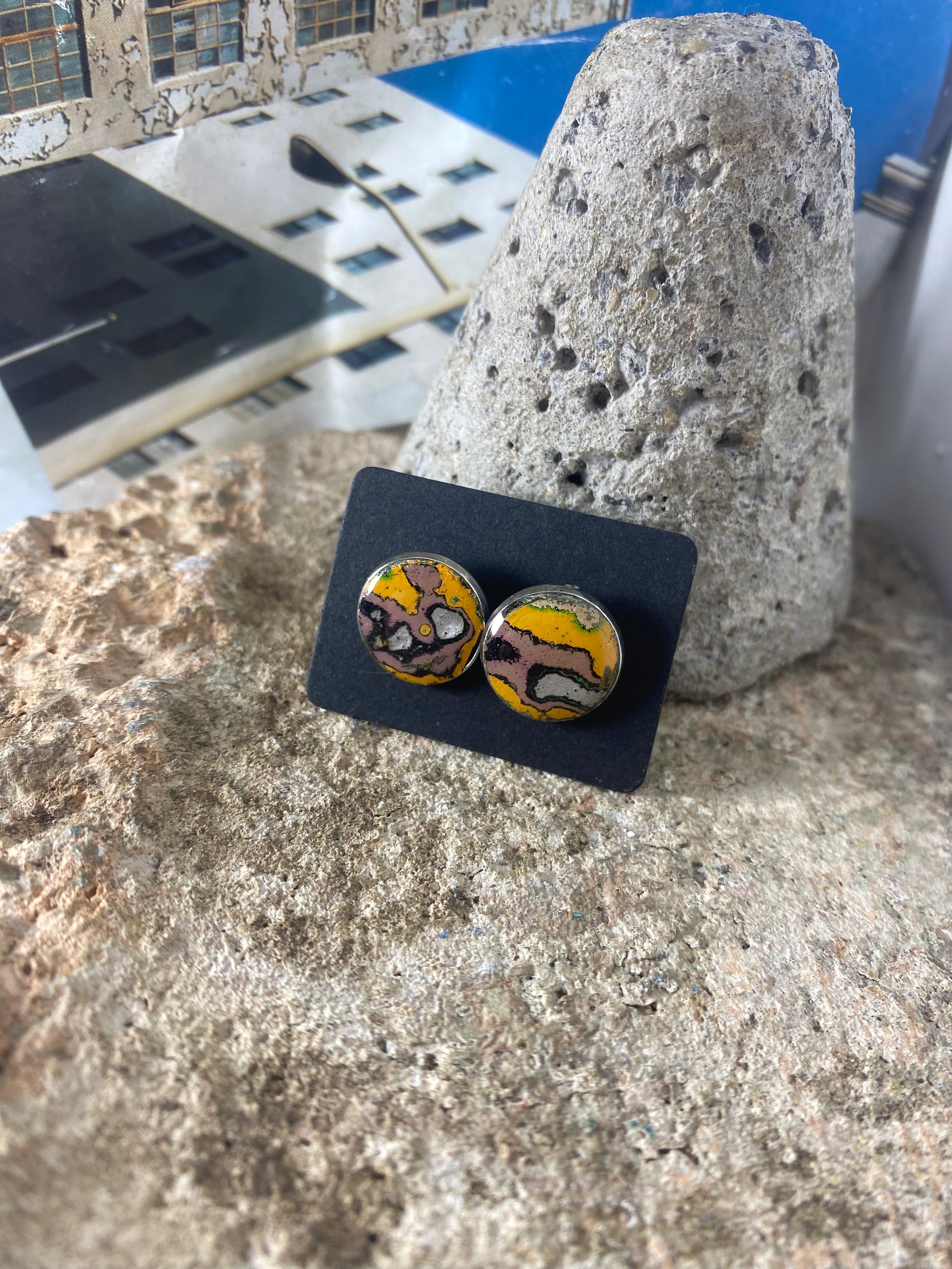 Recycled Graffiti stud earrings